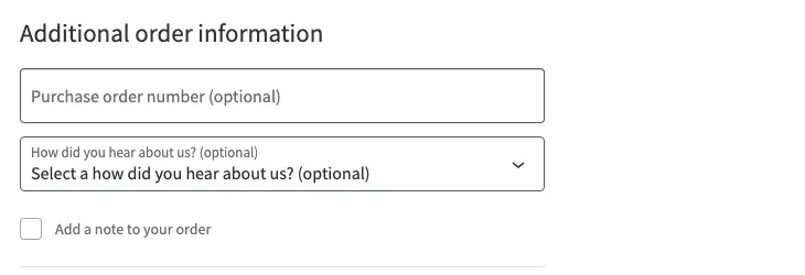 The block checkout showing an Additional order information section with a Purchase order number field