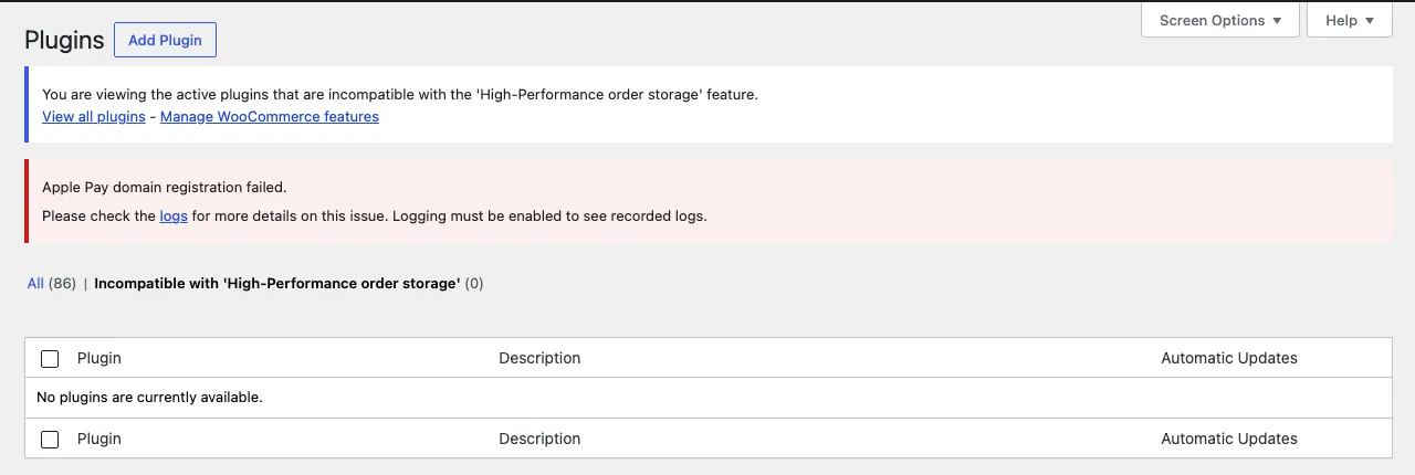 The Plugins screen filtered to plugins incompatible with High-Performance order storage, showing none
