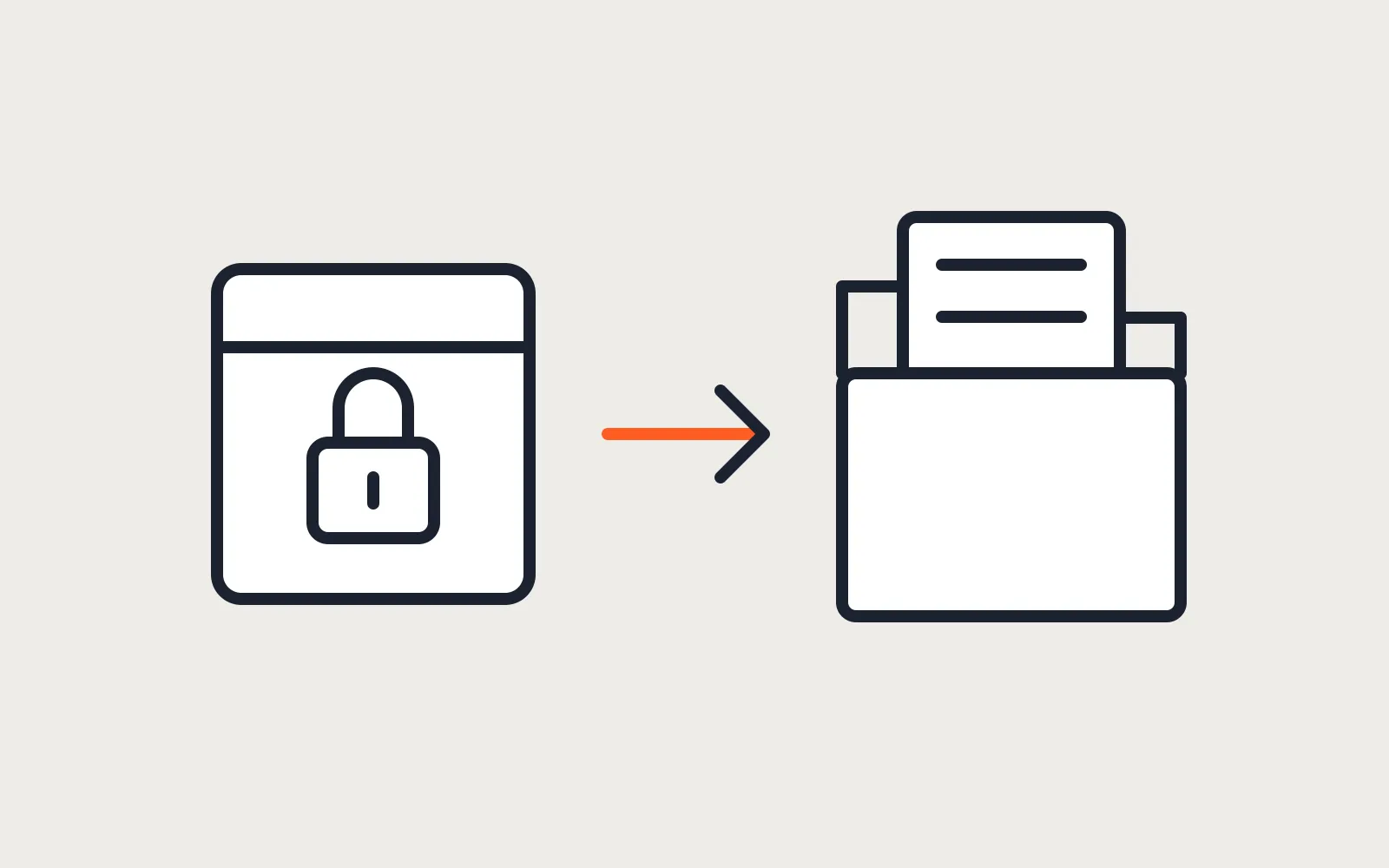 A locked box with an arrow to an open folder of pages