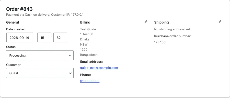 The WooCommerce order edit screen showing Purchase order number 123456 in the order details