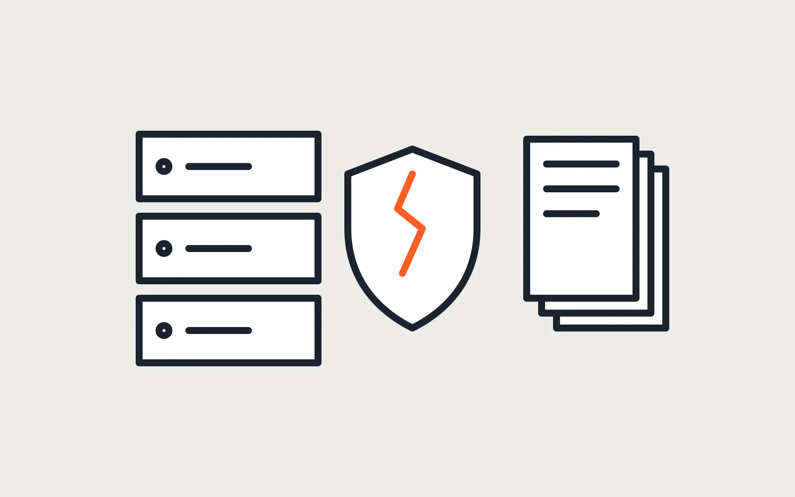A server box with a cracked shield beside a plain stack of pages