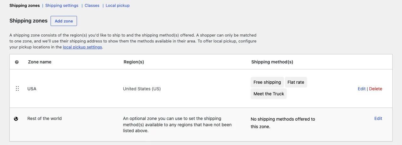 The WooCommerce shipping zones screen with a USA zone offering free shipping, flat rate and a local pickup method