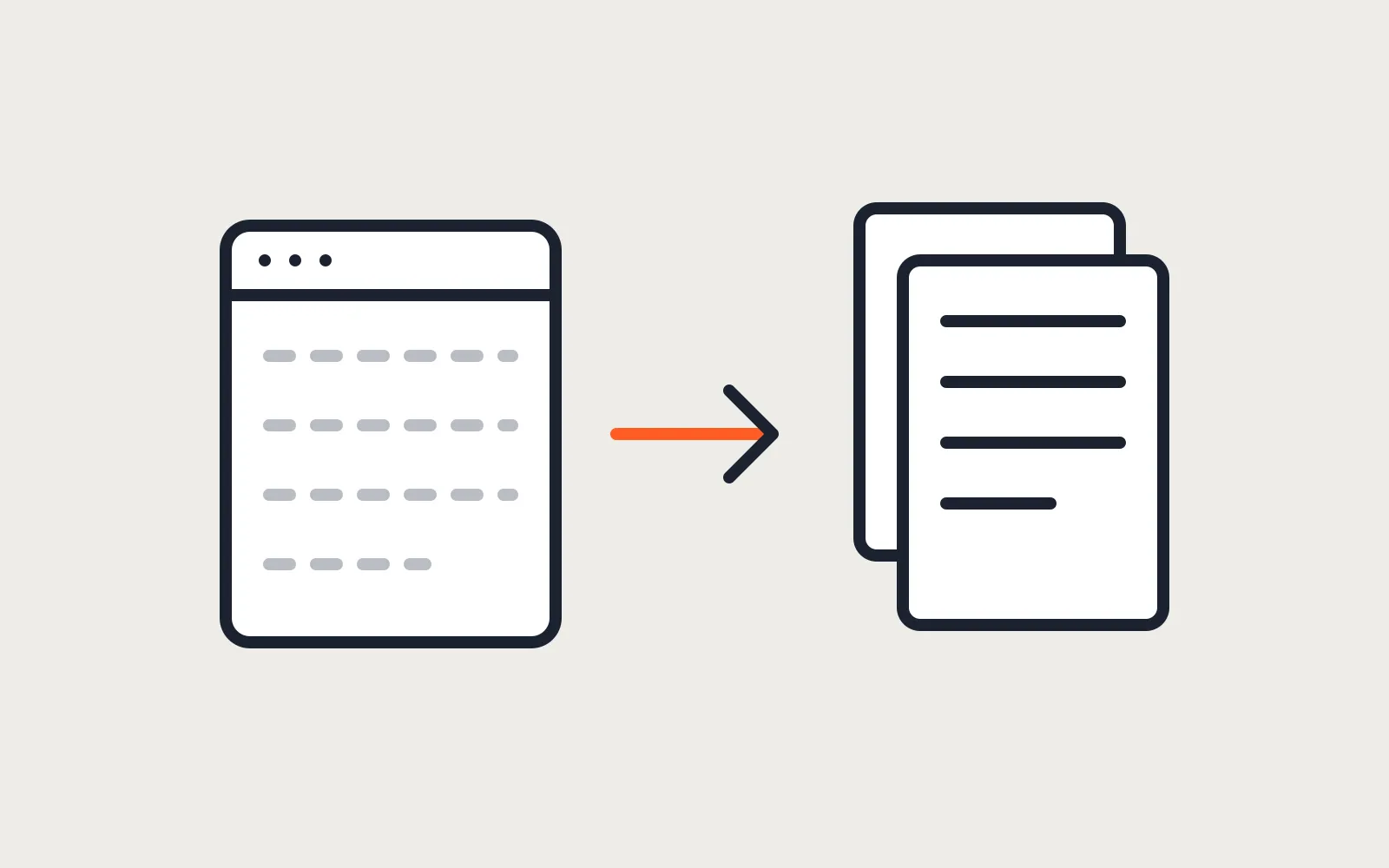 A browser window with an empty list and an arrow to a stack of pages